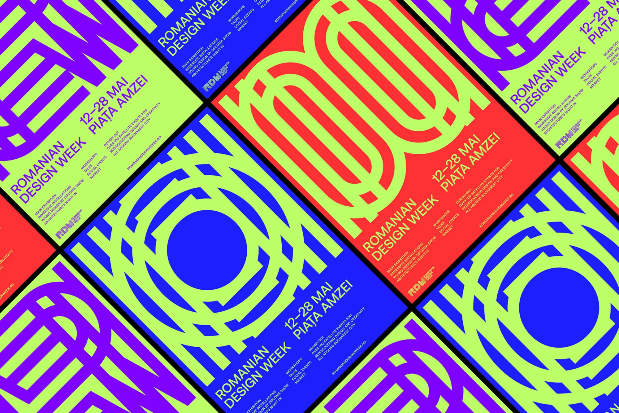 Eye-catching Romanian Design Week posters feature geometric patterns and bold colors of lime, blue, red, and violet.