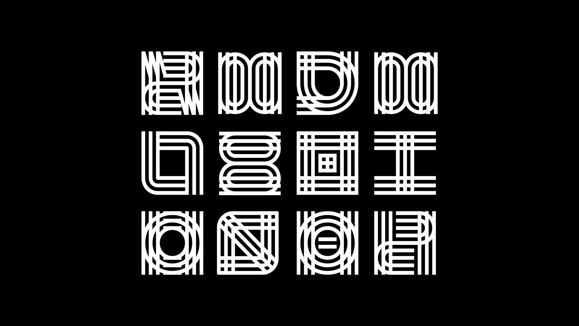 Graphic design featuring bold, stylized typography in white lines against a solid black backdrop, creating a strong visual contrast.