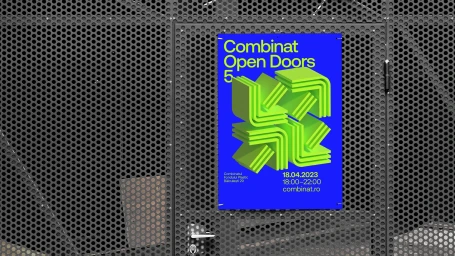 Bright blue event poster with green 3D graphic mounted on a dark perforated metal security door.