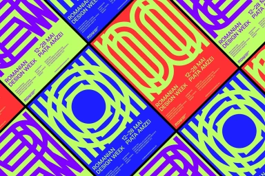 Colorful graphic design posters featuring bold geometric typography and vibrant color blocks for Romanian Design Week 2023.