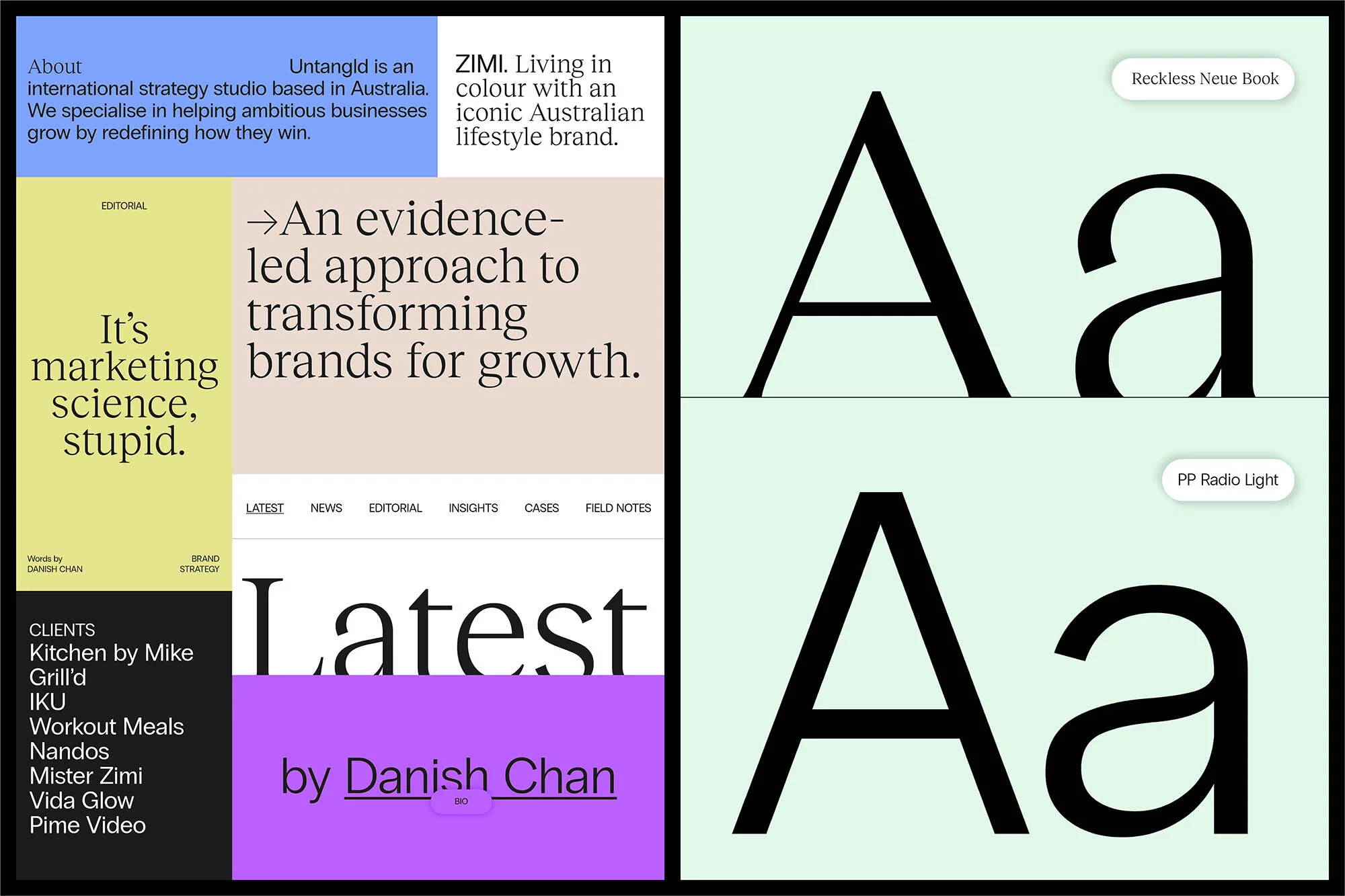 Graphic design showcasing typography samples and website layouts, featuring bold text and contrasting color blocks for visual interest.