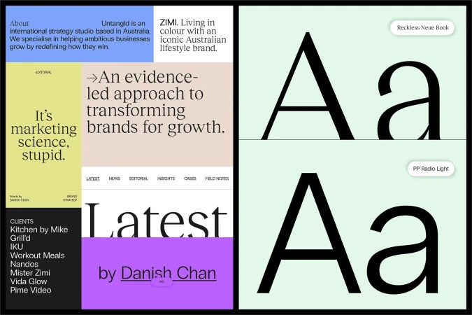 Graphic design showcasing typography samples and website layouts, featuring bold text and contrasting color blocks for visual interest.