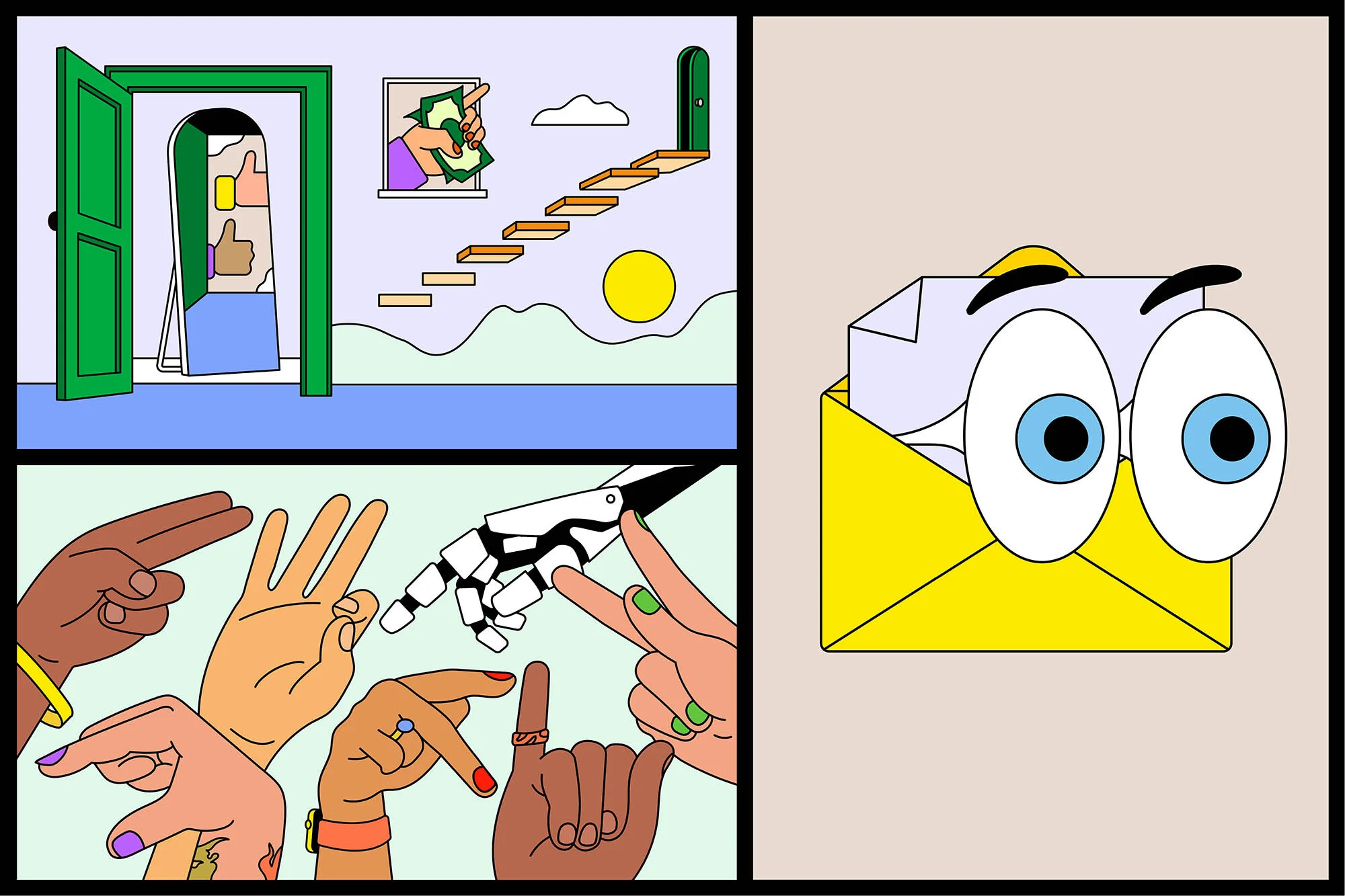 Digital art illustration featuring hands, robot hand, envelope, and door icons, conveying concepts of technology and communication.