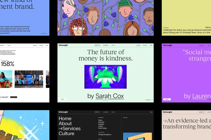 Website collage featuring colorful graphic design elements, typography, illustration, and diverse layouts showcasing design and content.