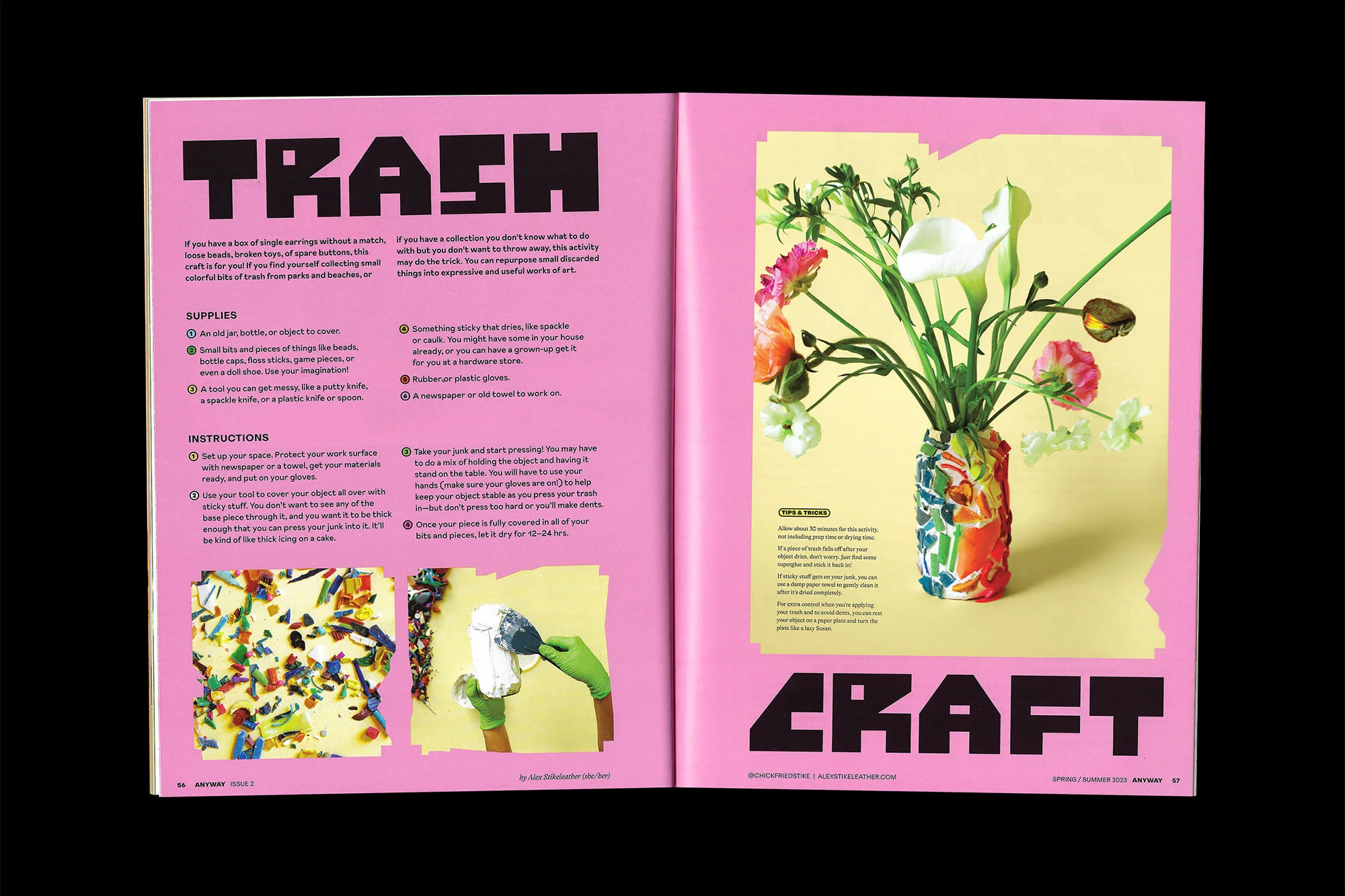 Magazine spread features a DIY trash-to-craft project, flowers in a vase, and instructions against a pink and yellow background.