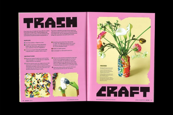 Magazine spread features a DIY trash-to-craft project, flowers in a vase, and instructions against a pink and yellow background.