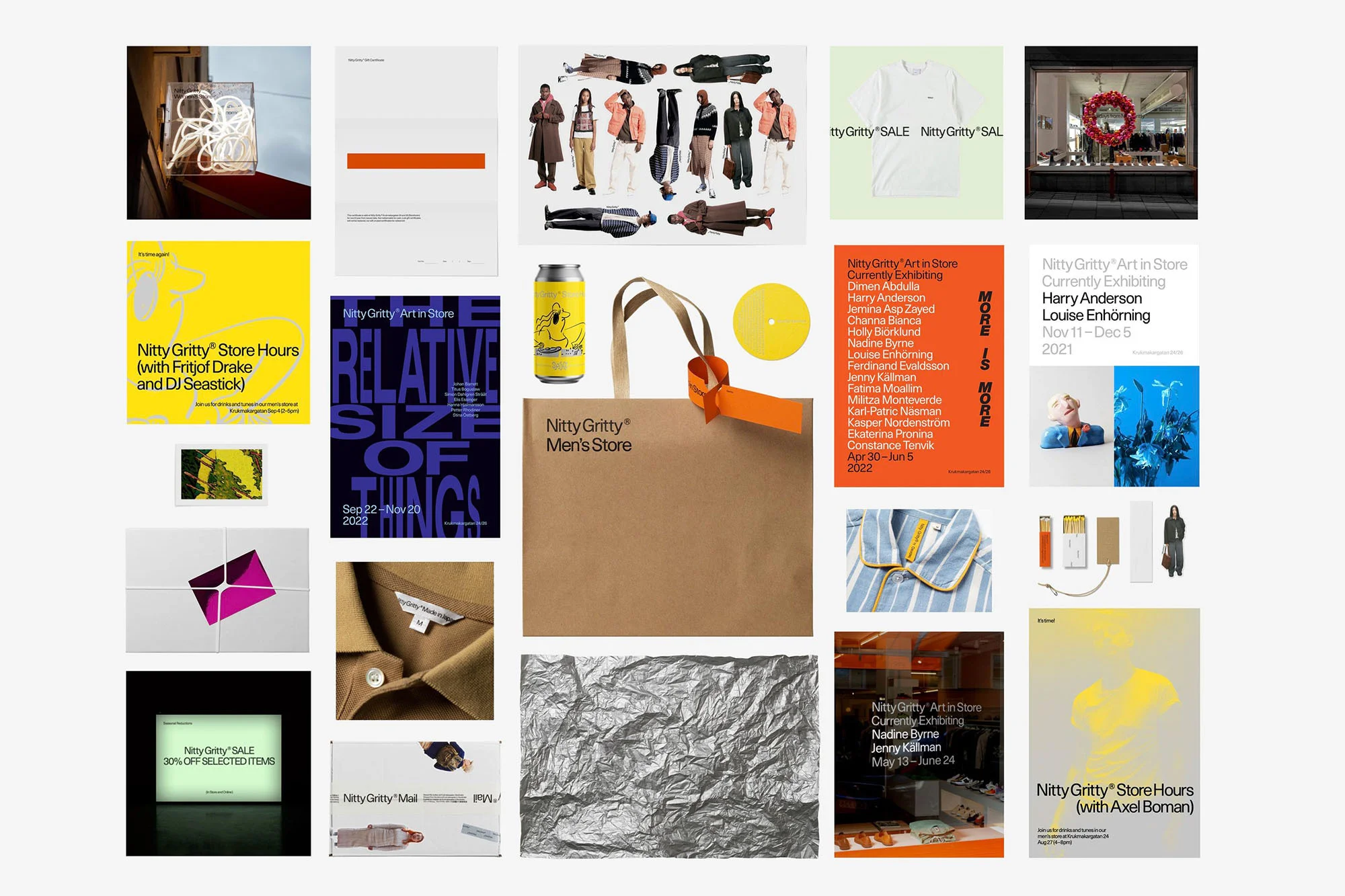 Collage of Nitty Gritty marketing materials including sale announcements, art exhibition promotions, and product presentations.