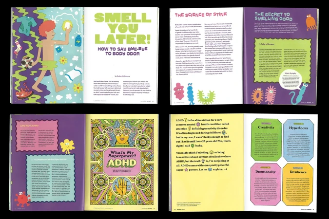 Magazine spread with cartoon images and colorful text promotes body odor solutions and ADHD awareness, with vibrant illustrations.