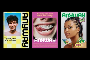Three vertical poster designs for Anyway brand featuring portraits of young people and typography against colourful backgrounds.