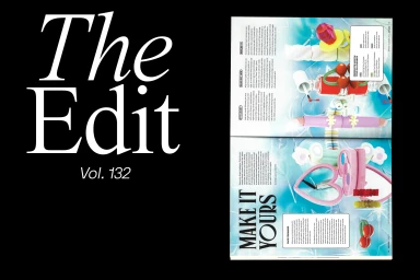Double-page magazine spread featuring bold typographic layout and vibrant product photography against a soft blue background.