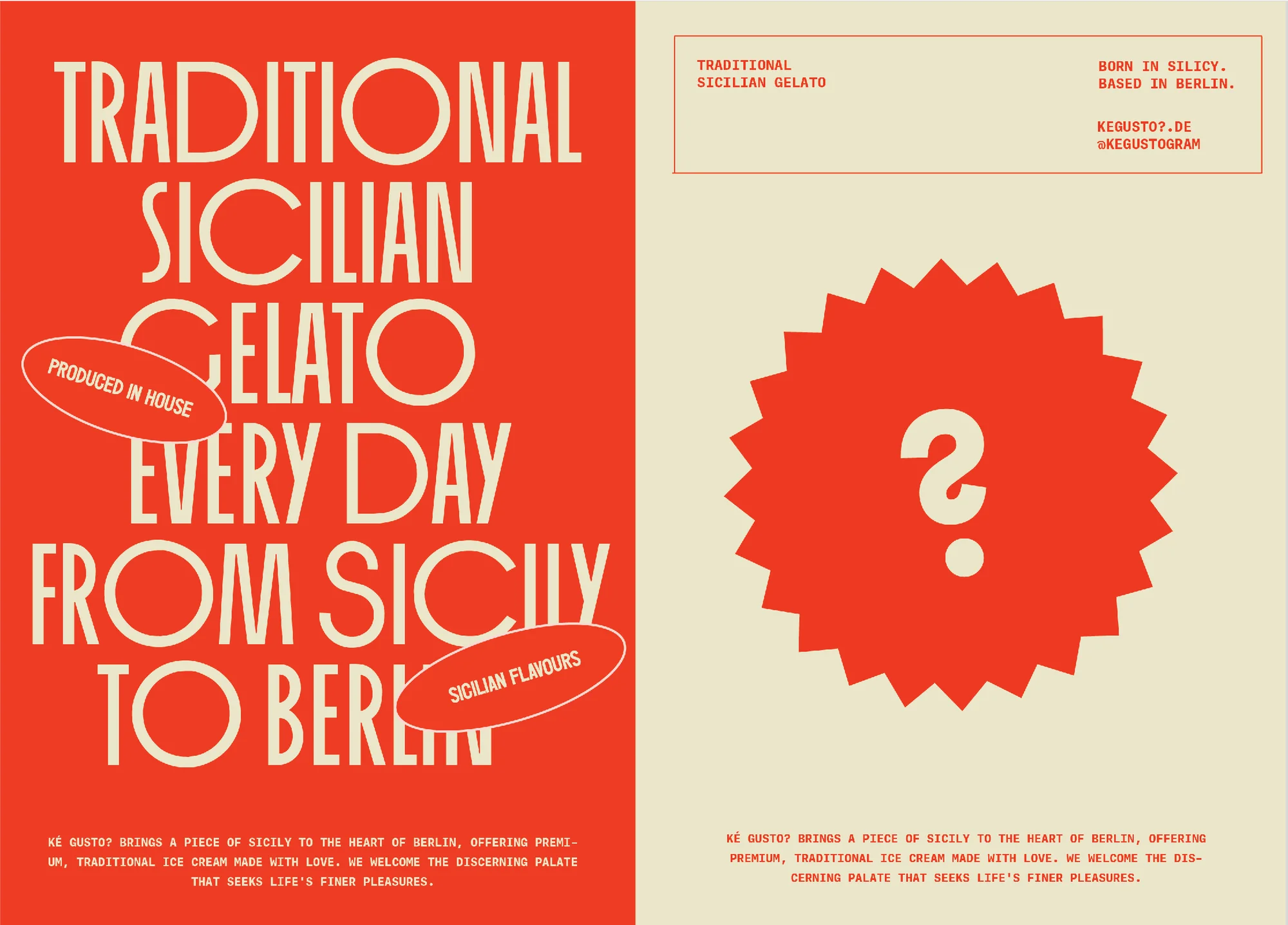 Advertisement featuring 'Traditional Sicilian Gelato' in bold typography against a coral and cream backdrop with a question mark graphic.