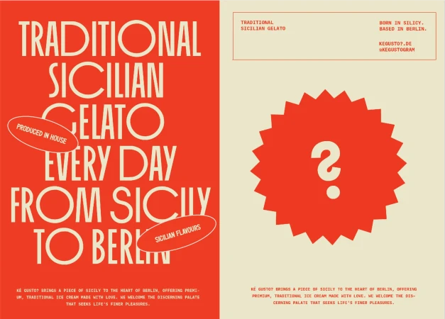 Advertisement featuring 'Traditional Sicilian Gelato' in bold typography against a coral and cream backdrop with a question mark graphic.