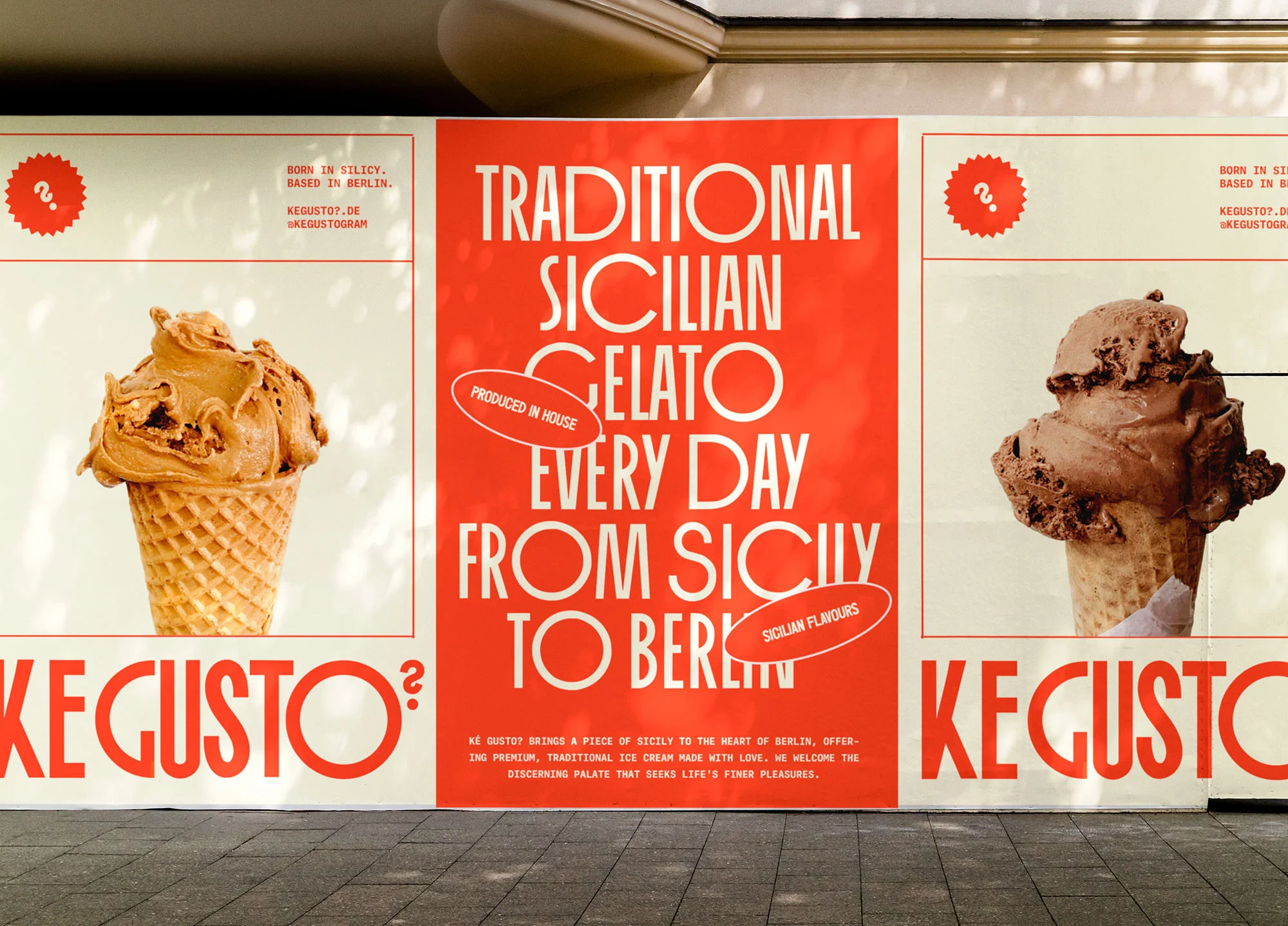 Promotional display featuring gelato cones and an advertisement for Sicilian gelato, highlighting flavors from Sicily to Berlin.