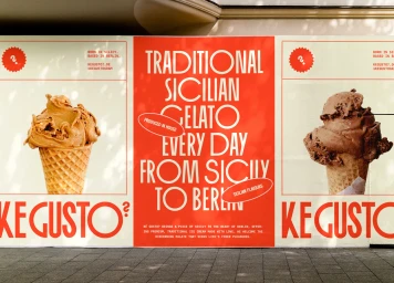 Storefront branding display for Ke Gusto featuring red and cream posters with gelato cones and typography.