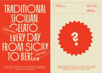 Graphic design brand identity layout for Ke Gusto featuring bold red and cream panels with typography and a large question mark badge.