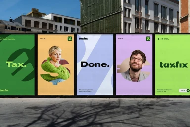 Out of home billboard advertising campaign for Taxfix featuring vibrant green and purple panels with portraits and bold typography.