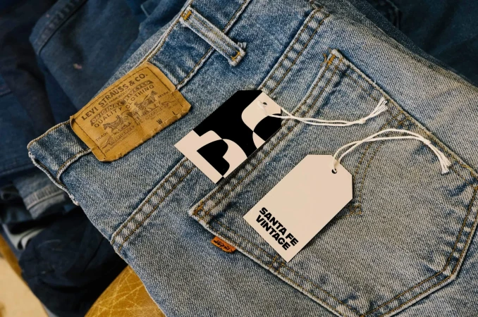 Close-up of light wash Levi's jeans with tags attached to the back pocket, showcasing the fabric and brand details in a studio setting.