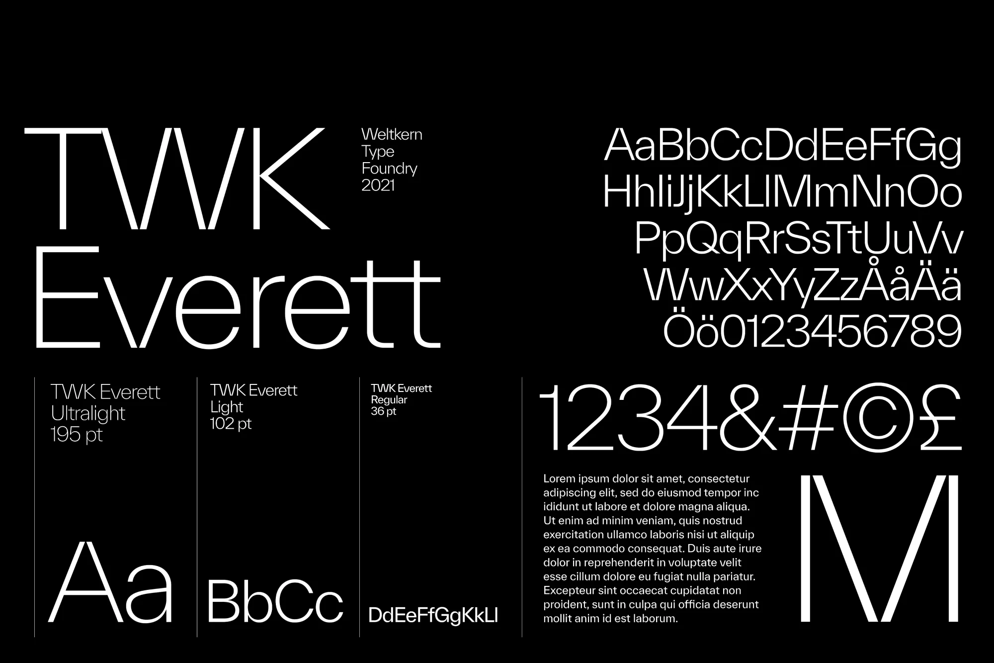 Font specimen featuring TWK Everett typeface in Ultralight, Light, and Regular weights, with character sets and sample text on black background.