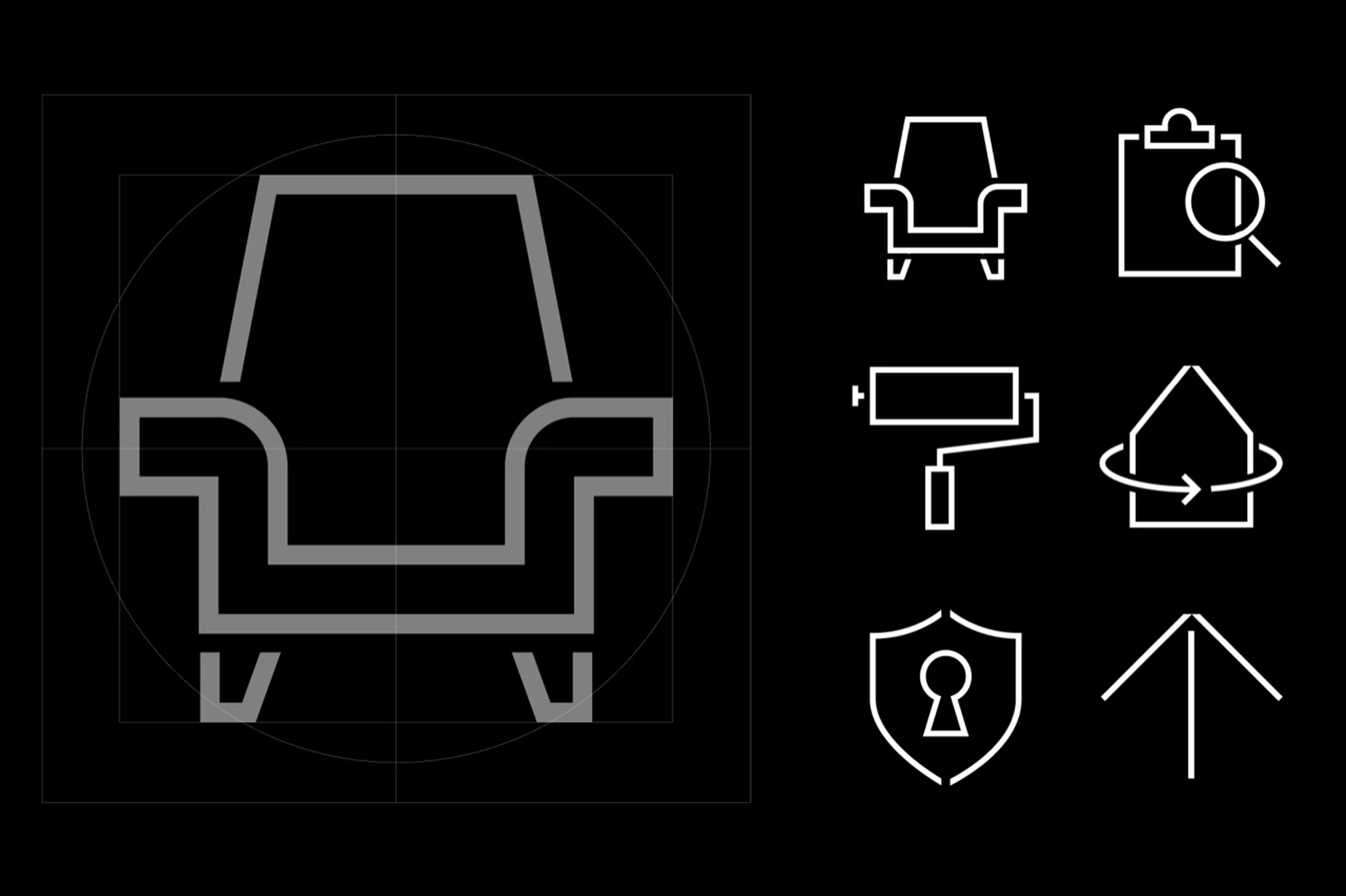 Illustration of a gray armchair icon alongside white icons for interior design-related topics on a black background. Clean and modern style.