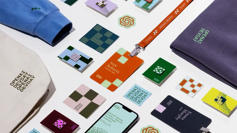 Flat lay of Open AI DevDay branded merchandise: apparel, name badges, stickers, and smartphone displayed on a white surface.