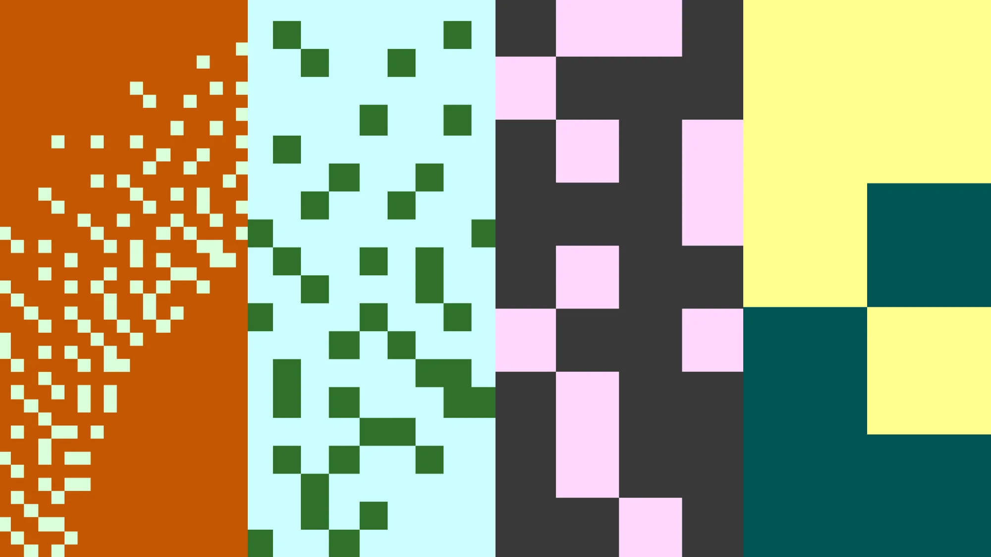 Abstract geometric pattern with pixelated squares in brown, green, pink, grey, and yellow, creating a colorful and modern digital mosaic.