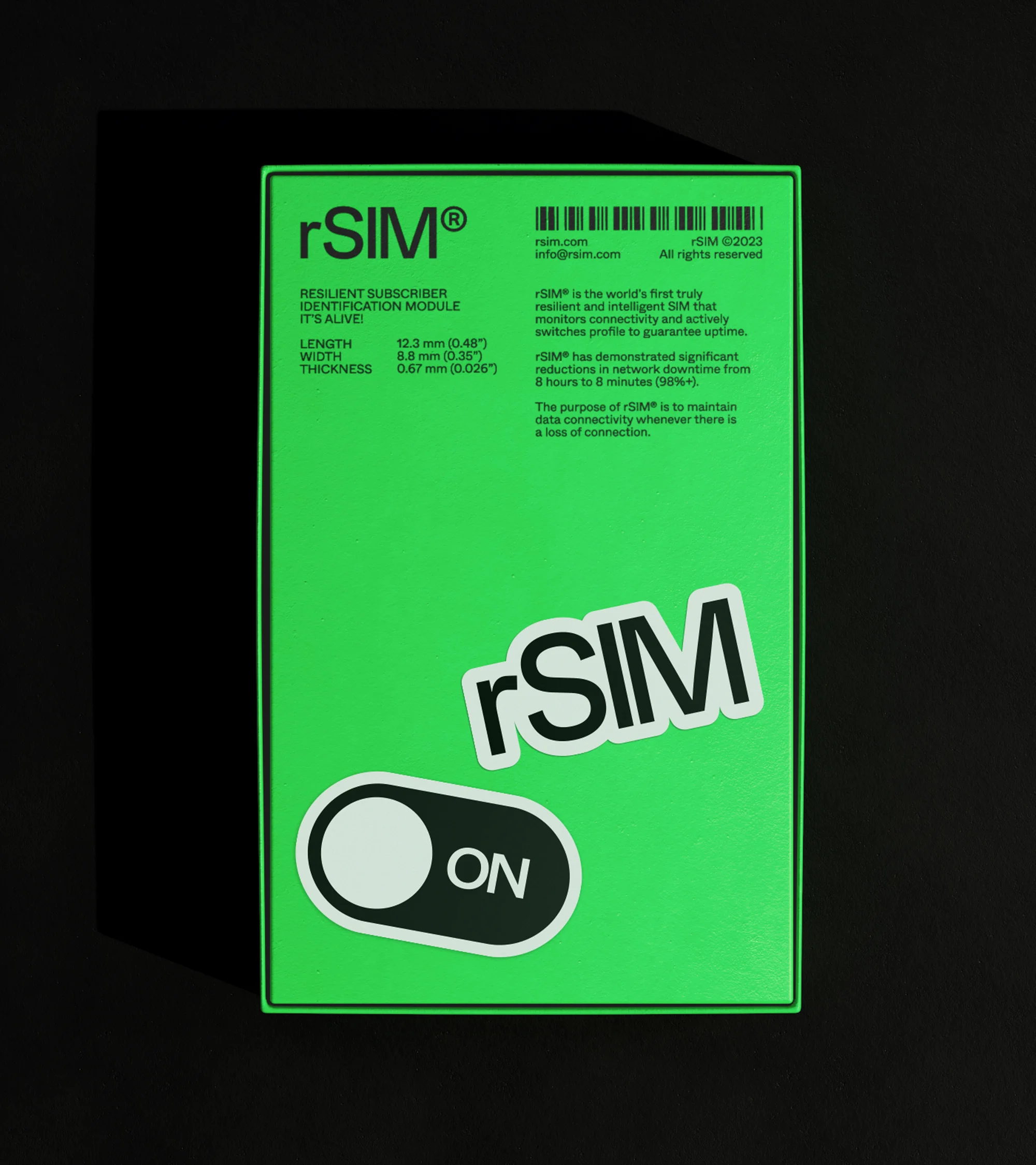 Close-up of rSIM packaging with text, graphics, and an on/off icon sticker against a dark background. Product is lime green and black.
