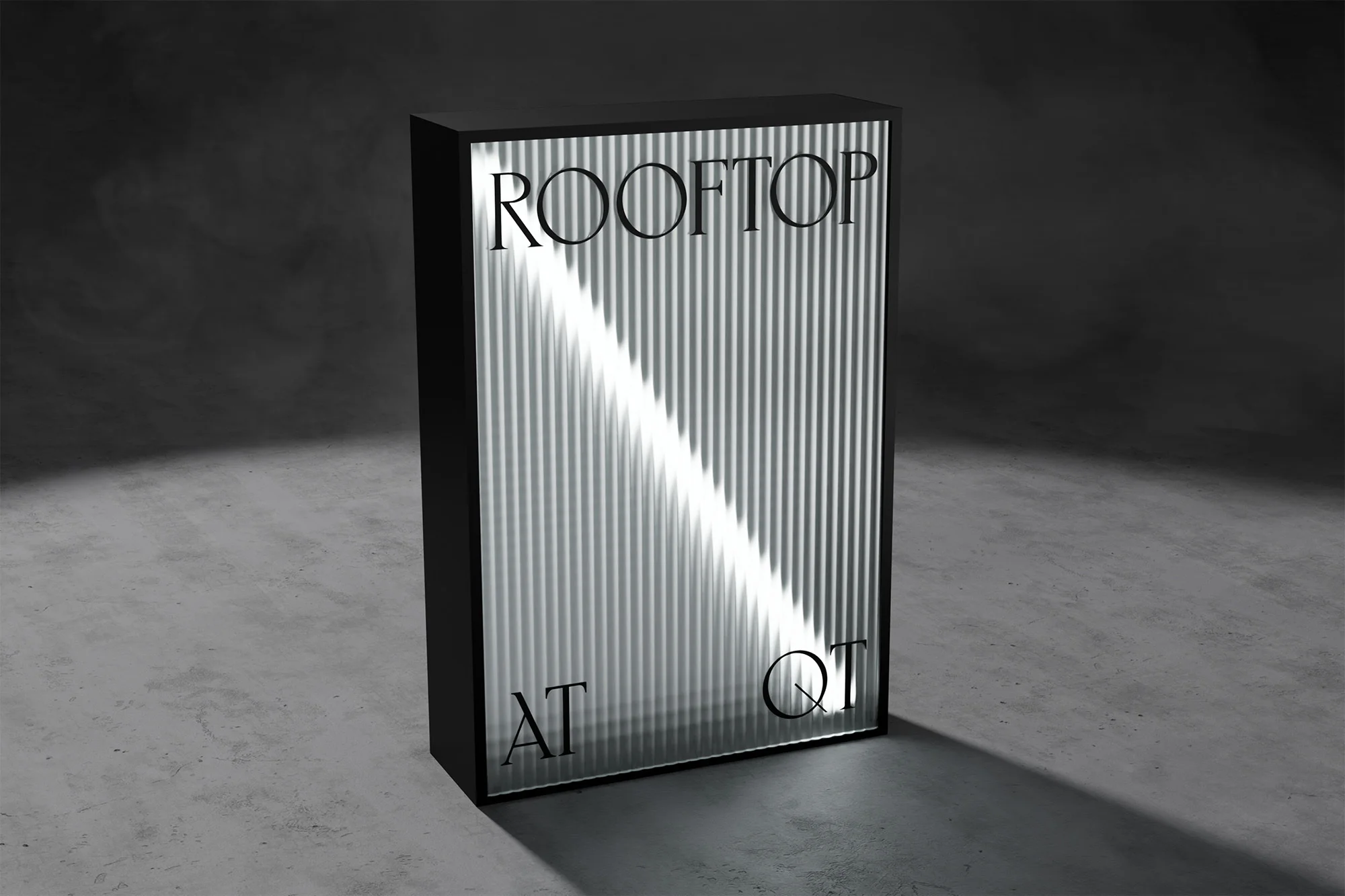 Abstract advertisement illuminated with a diagonal light, set against a grey background, promoting 'Rooftop at QT'.