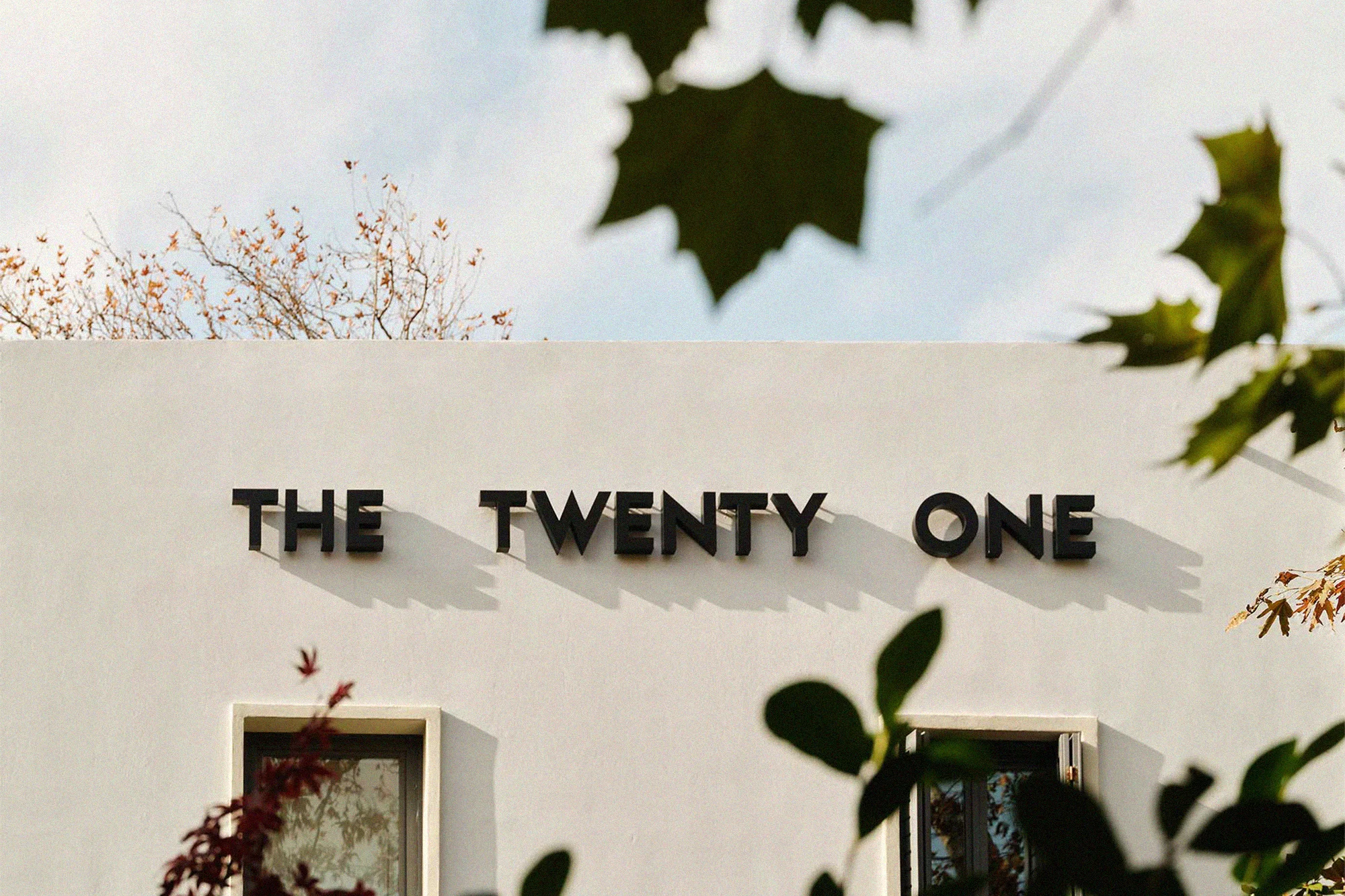 Building facade with 'The Twenty One' sign, framed by blurred foliage against a bright sky, creating a serene architectural scene.