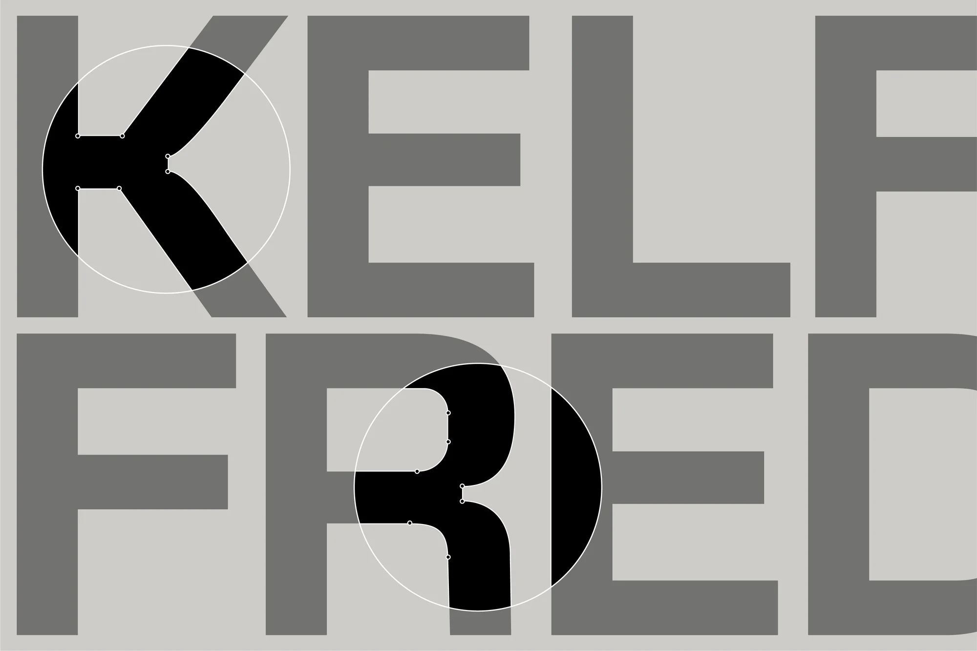Bold typographic design featuring black letters 'K' and 'R' within white circles against a gray background, forming a unique monogram.