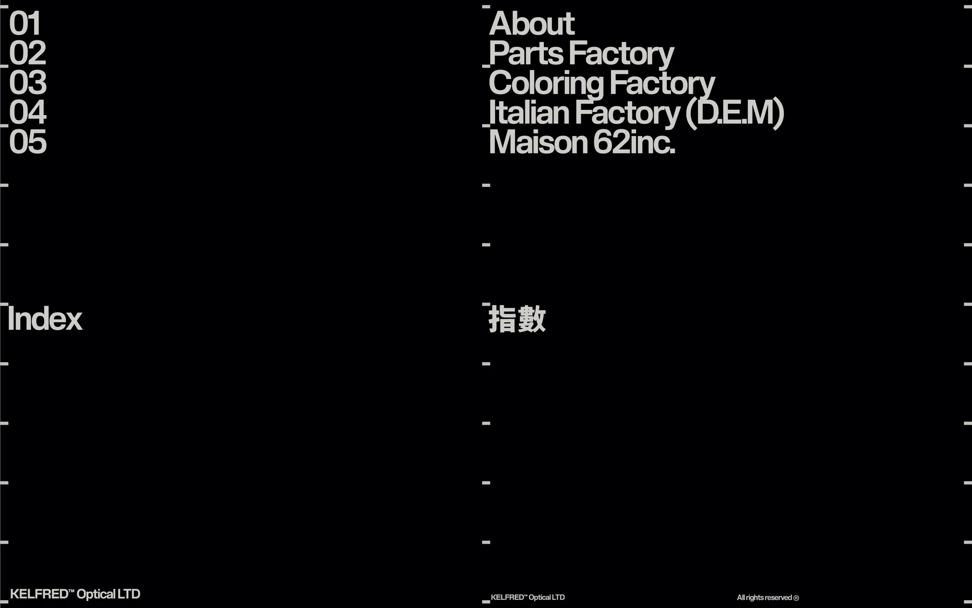 Optical company index page with company information, About section, Parts Factory, Coloring Factory, Italian Factory, and Maison 62inc.