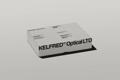 Kelfred Optical branded sample box packaging on light grey seamless background