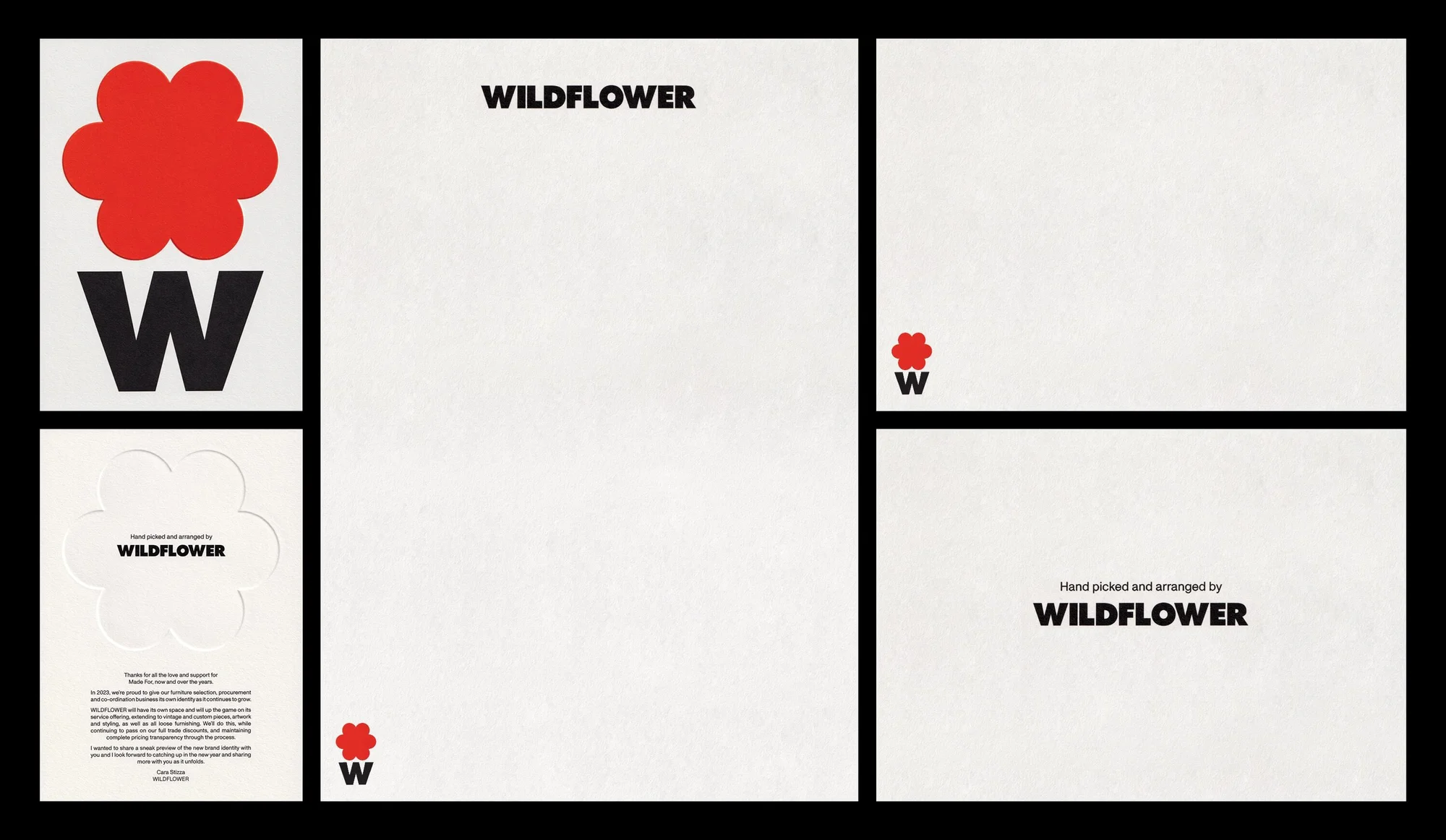 Minimalist stationery set featuring a red flower logo and the word 'WILDFLOWER' in black text on a white background, clean design.