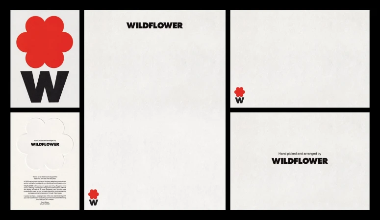 Minimalist stationery set featuring a red flower logo and the word 'WILDFLOWER' in black text on a white background, clean design.