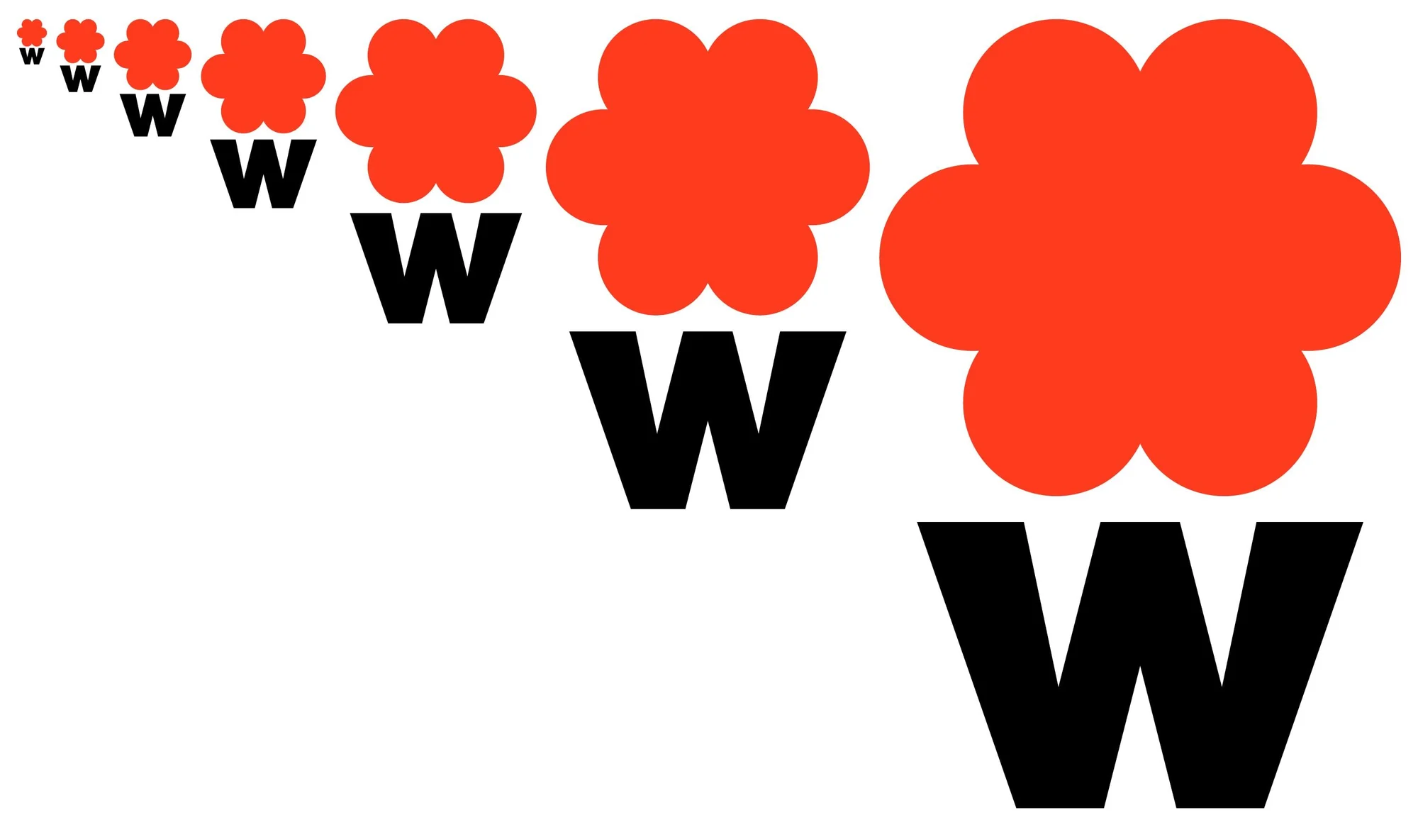 Graphic image with an arrangement of stylized flowers and the letter 'W' decreasing in size from right to left on a white background.