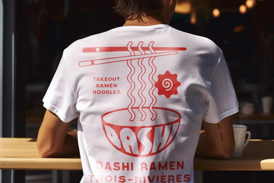 Adult is wearing a white t-shirt with a red graphic of ramen noodles and chopsticks, sitting at a wooden table outside a restaurant.