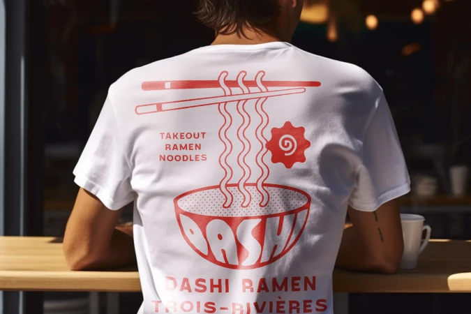 Adult is wearing a white t-shirt with a red graphic of ramen noodles and chopsticks, sitting at a wooden table outside a restaurant.