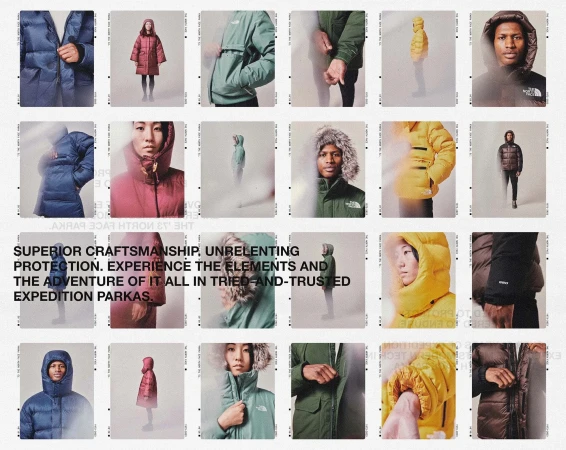 Collage of North Face expedition parkas featuring models in various colors and poses, highlighting the brand's superior craftsmanship.