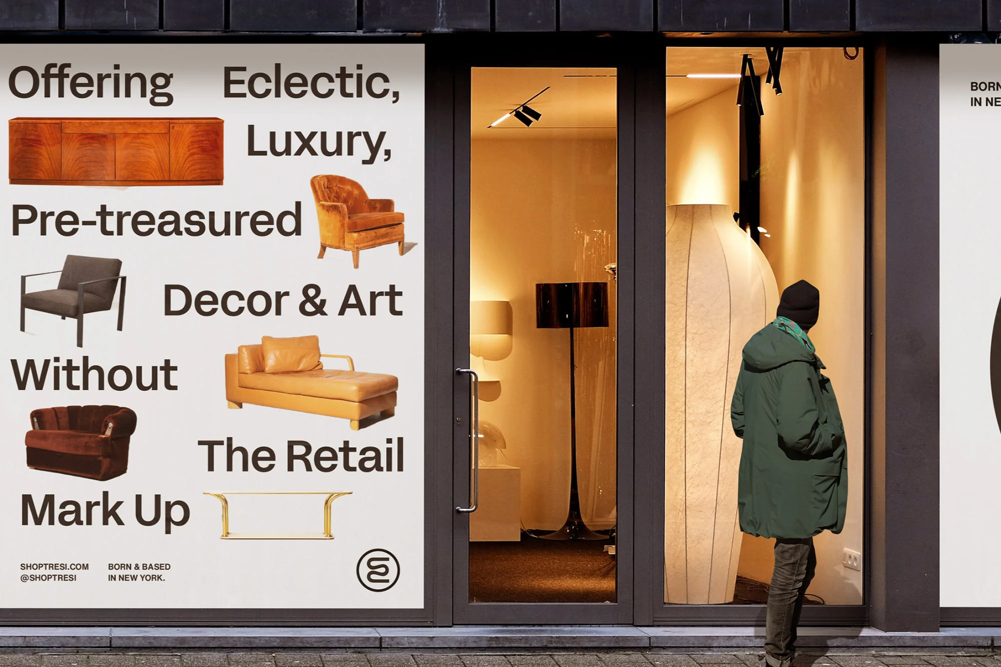Storefront window with furniture display and passerby looking in. Window features text about pre-treasured decor and art inside the retail location.
