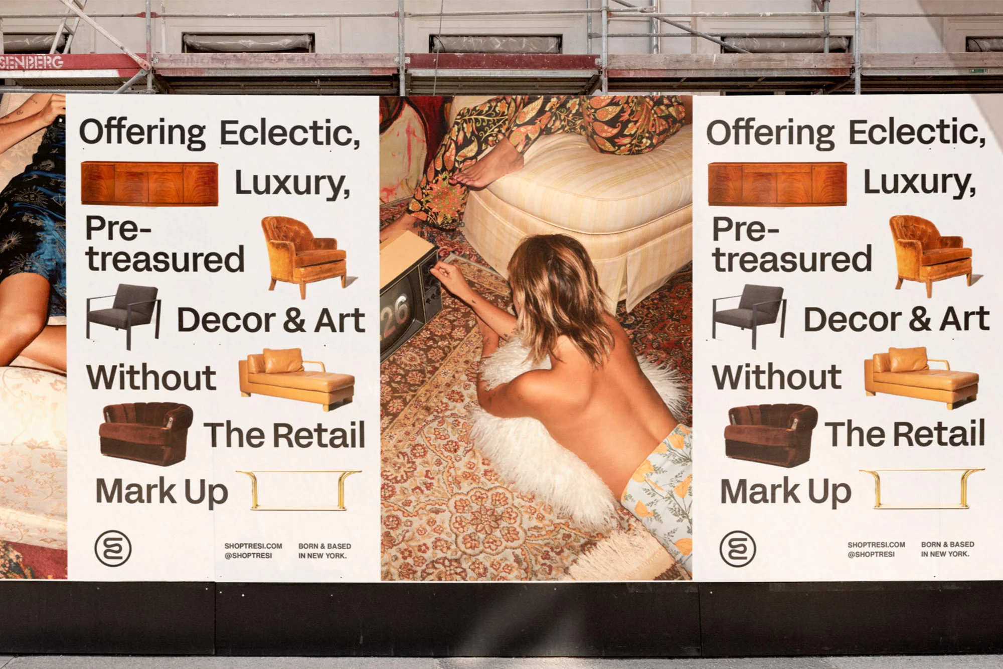 Eye-level billboard ad featuring furniture, an unclothed person, and descriptive text promoting eclectic, luxury decor and art sales.