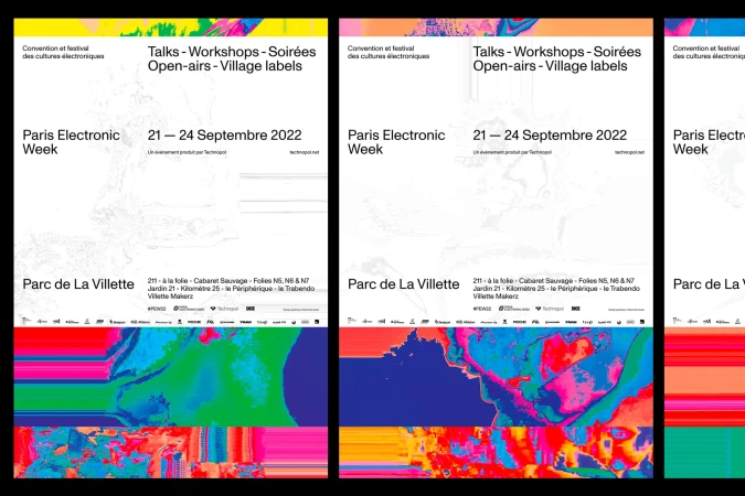Electronic music festival posters with event details for Paris Electronic Week, taking place September 21-24 at Parc de La Villette.
