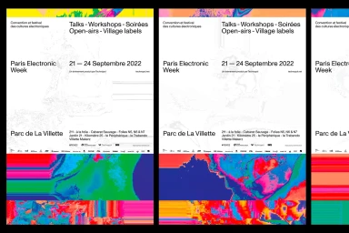 Digital poster design featuring typographic layout, event dates, and colorful distorted graphic blocks for Paris Electronic Week.