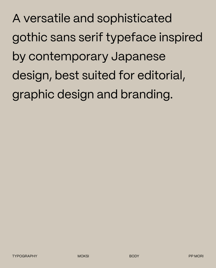 Typography display featuring gothic sans serif typeface inspired by contemporary Japanese design, suitable for editorial, graphic design, and branding.