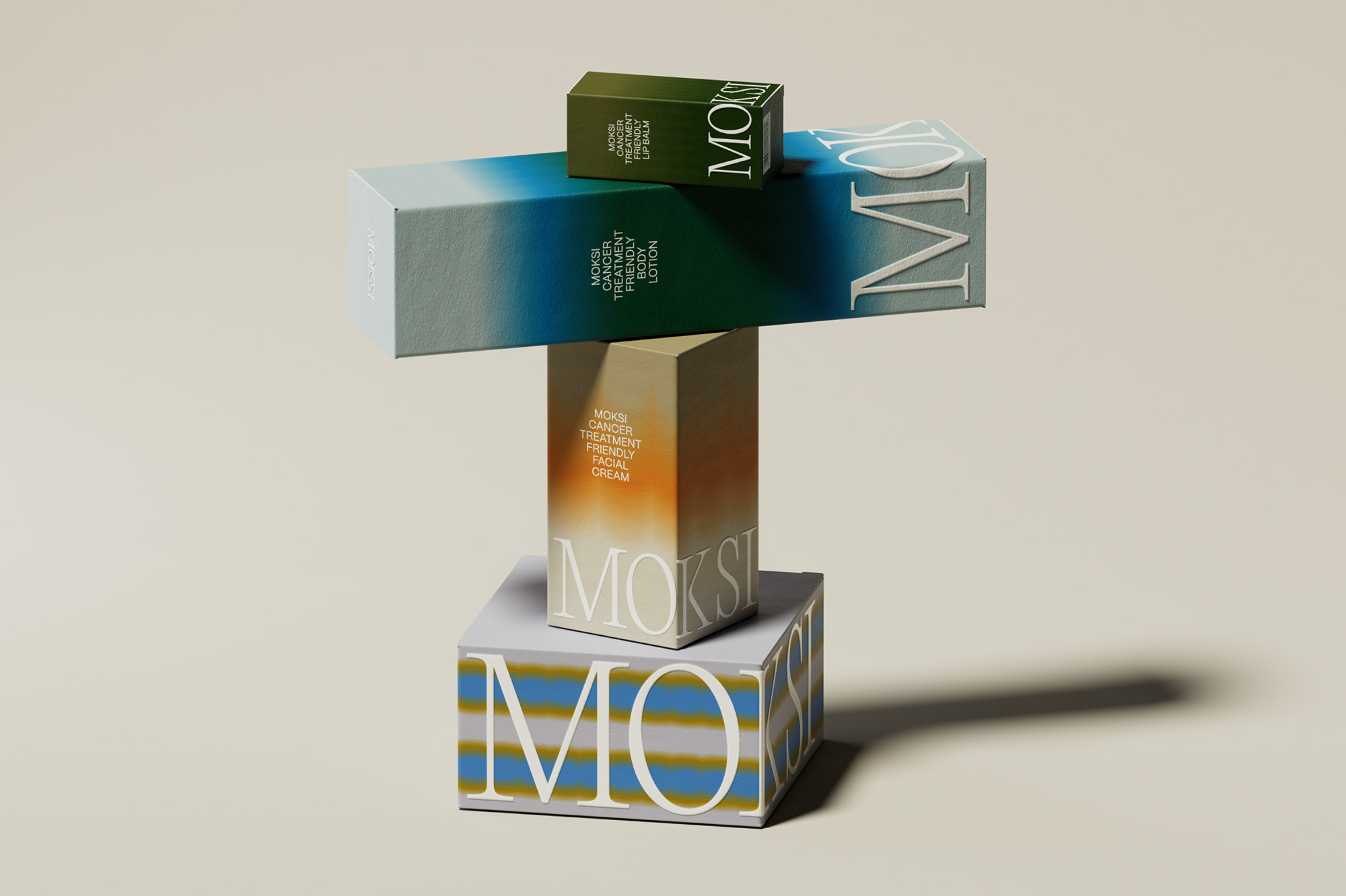 Moksi brand skincare product boxes in green, blue, orange, and white stacked on a white background in a studio setting. Beauty concept.