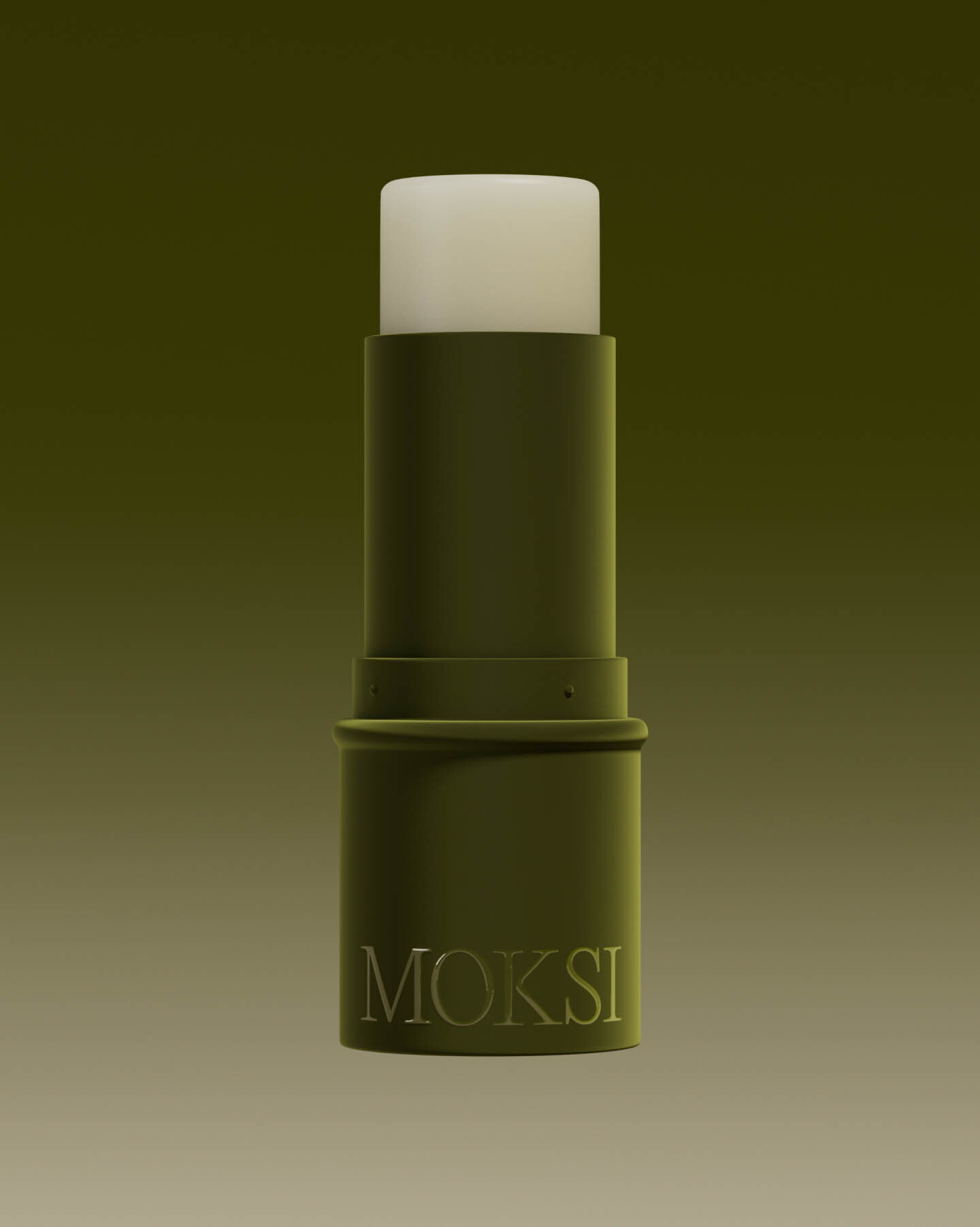 Close-up of an olive-green Moksi lip balm tube against a gradient background, showcasing minimalist design and neutral tones.