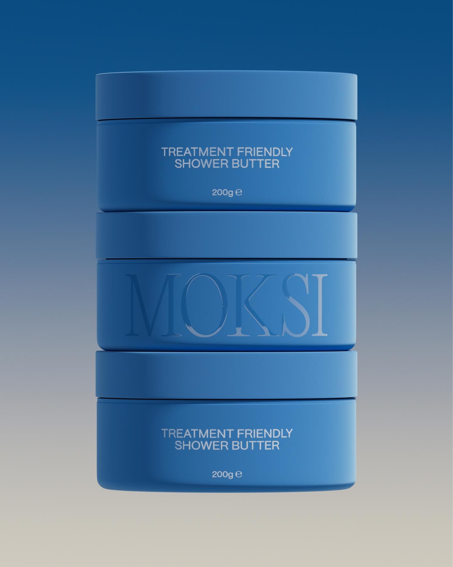 Stack of blue containers of MOKSI Treatment Friendly Shower Butter. Beauty and skincare product shot with solid studio lighting and minimal aesthetic.