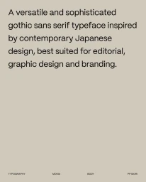 Gothic sans serif typeface sample text displayed on a solid beige background with typography details.