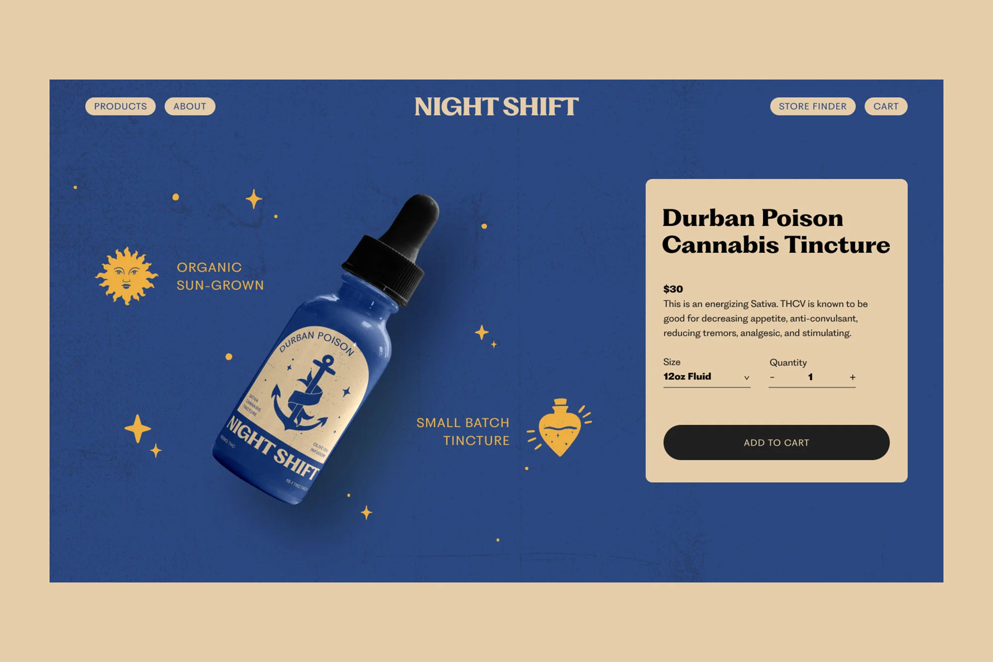 Product shot of Durban Poison Cannabis Tincture by Night Shift features a blue tincture bottle against a blue background with celestial design.
