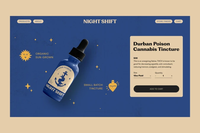 Product shot of Durban Poison Cannabis Tincture by Night Shift features a blue tincture bottle against a blue background with celestial design.