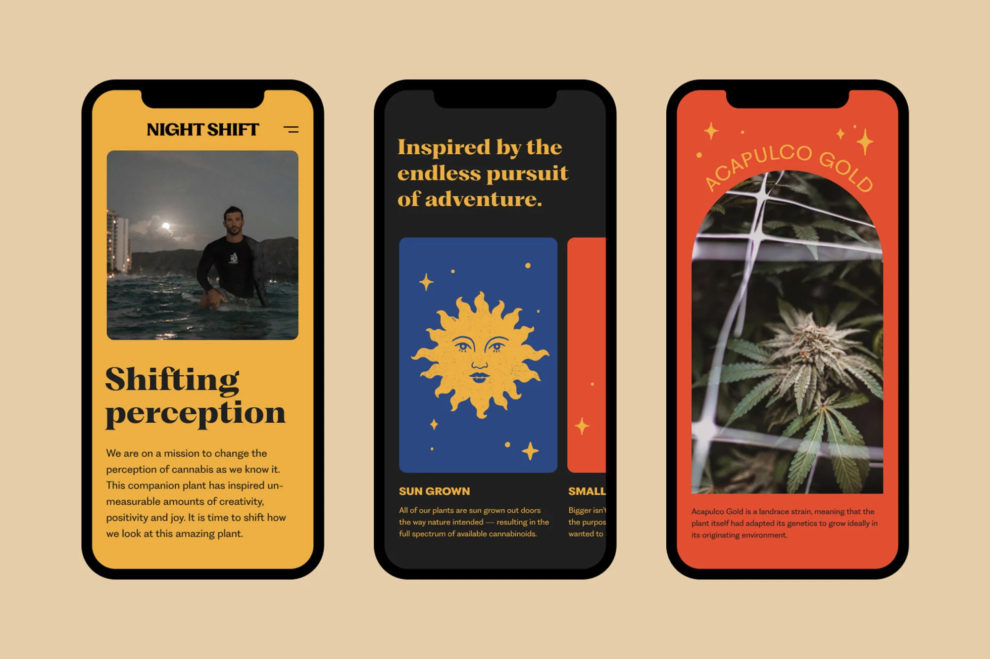 Three smartphone screens display contrasting images: a man in water, a sun graphic, and a cannabis plant in a stylized mobile app layout.