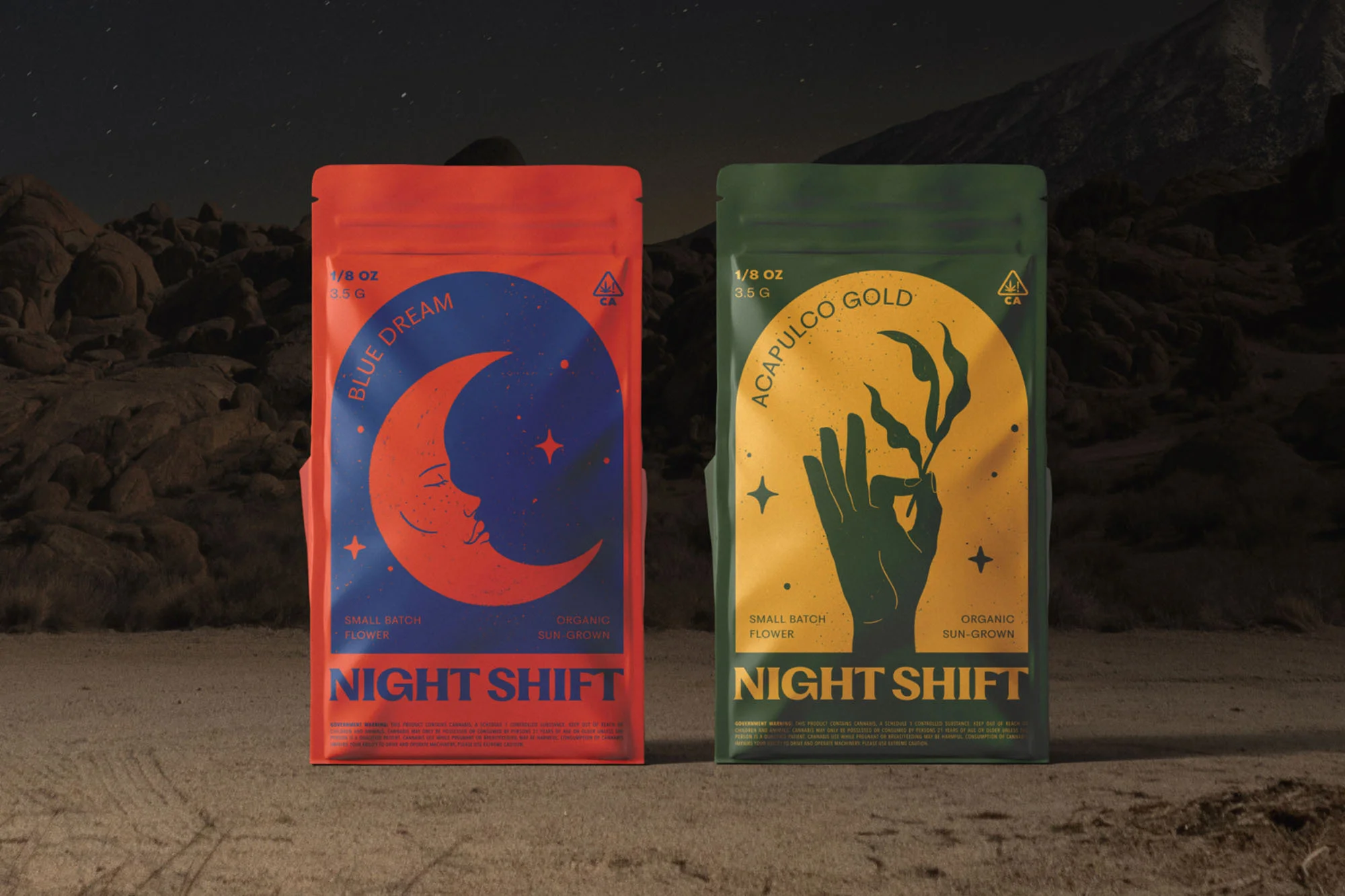 Two cannabis product packages stand side-by-side against a desert and night sky backdrop featuring illustrated designs and prominent branding.